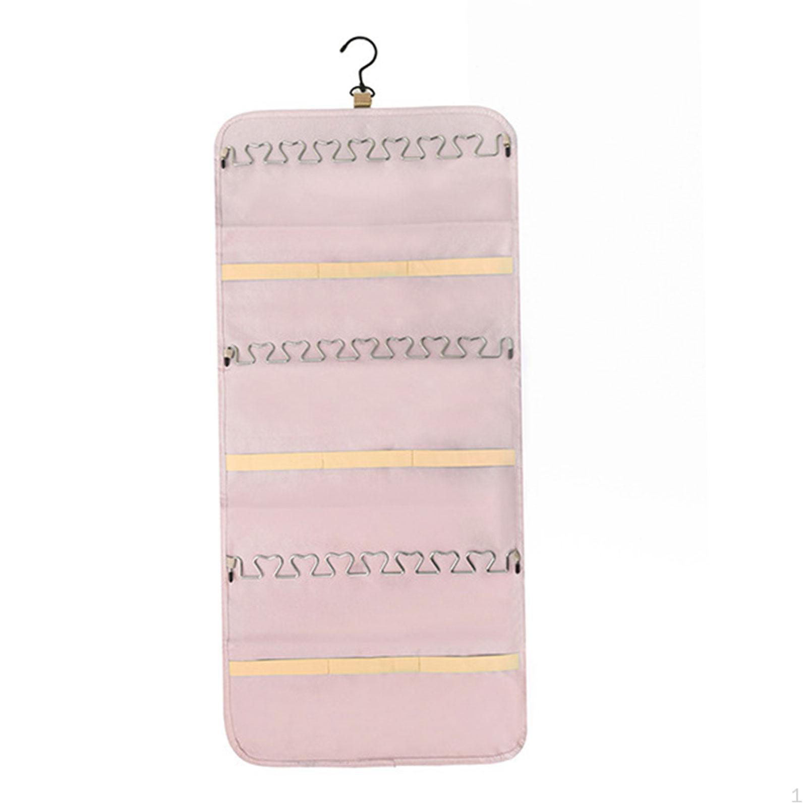 

Double Sided Hanging Jewelry Organizer with Metal Hooks Roll for Rings Pink