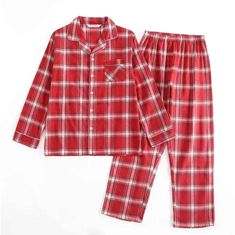 Rutet design Flerfarget Varm bomullsflanell Langermet Bukser Pyjamas for menn Høst og Vinter Hjemmeklær Nattøy Sett
