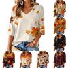 Women's Casual V-Neck Three-Quarter Sleeve Maple Leaf Print Top for Daily Wear