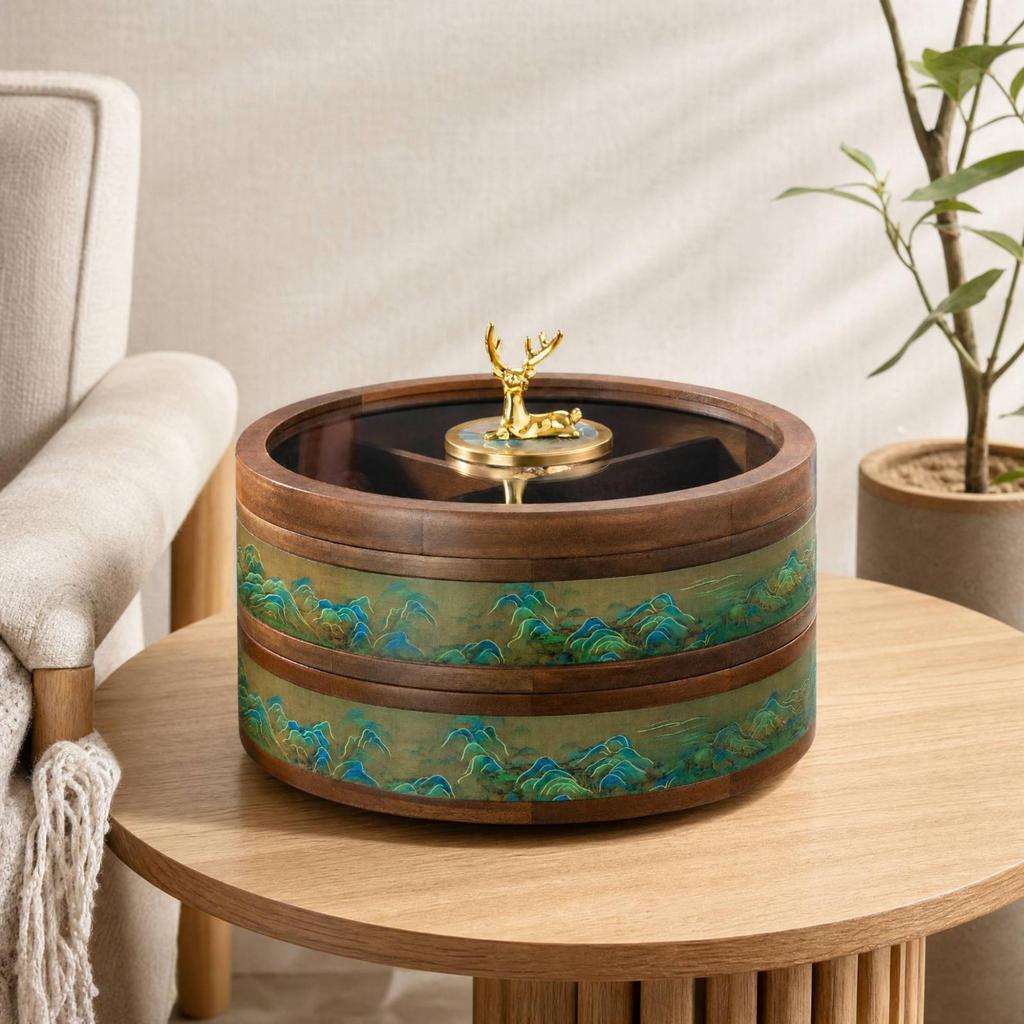 Wooden Snack Storage Box Multifunctional Round Divided Serving Tray with Lid Compartmentalized Dried
