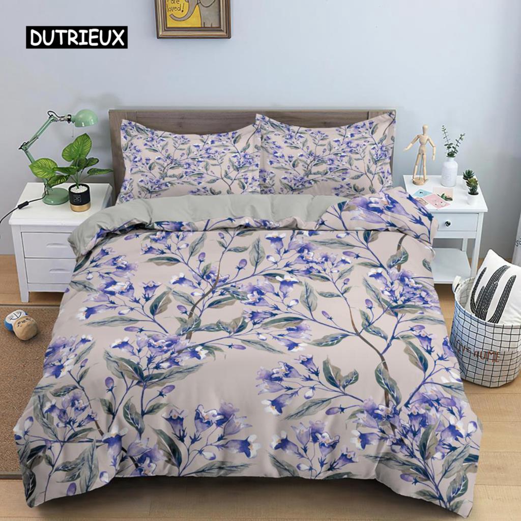 Flower Duvet Cover Set King Size Pink Flowers Green Leaves Pattern Quilt Cover for Teen Girl Microfiber Floral Theme Quilt Cover