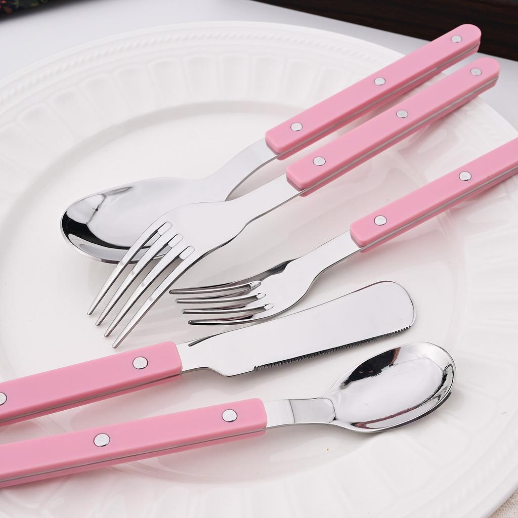 16 Pieces Color Handle Flatware Eating Utensils, Stainless Steel Tableware Rivet ABS Handle Design, Knives Forks Spoons for Home, Service for 4