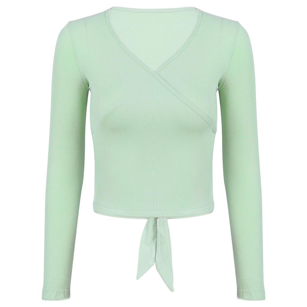 Women Solid Color V Neck Long Sleeves Straps Back Stretchy Crochet Dance Tops Gym Yoga Ballet