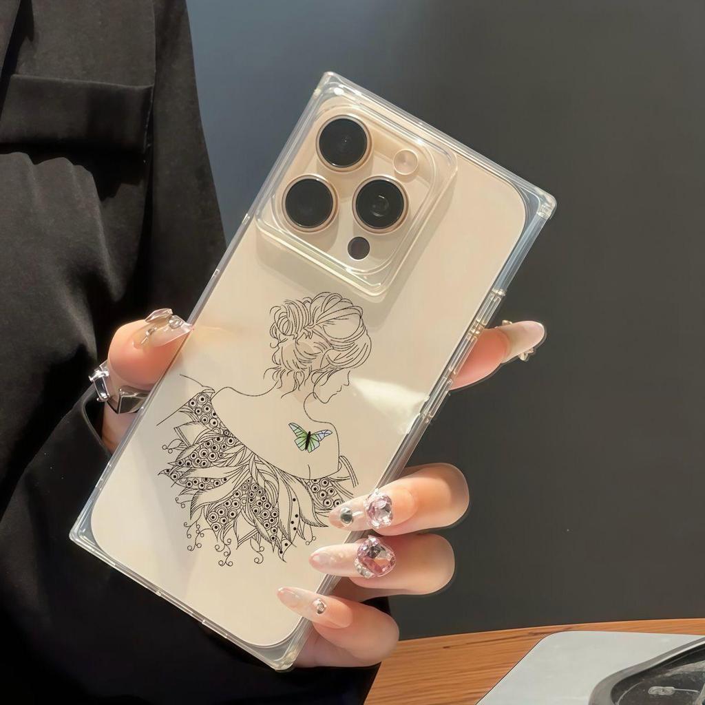 Funda Transparente Cuadrada Trasera con Tubo para Protección Para iPhone 15 Plus 11 14 Pro Max 16 ProMax 12 13 Anti-Oxígeno, Carcasa con Patrón de Vista Trasera de Chica