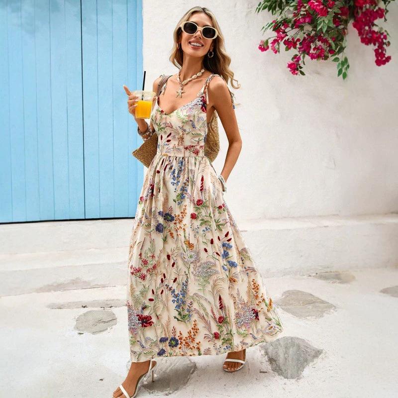European and American New Women's Printed V-neck Suspender Waist Swing Sleeveless Dress Seaside Vacation