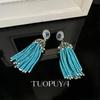 Handmade Blue Beaded Shoulder Duster Earrings with Rhinestones