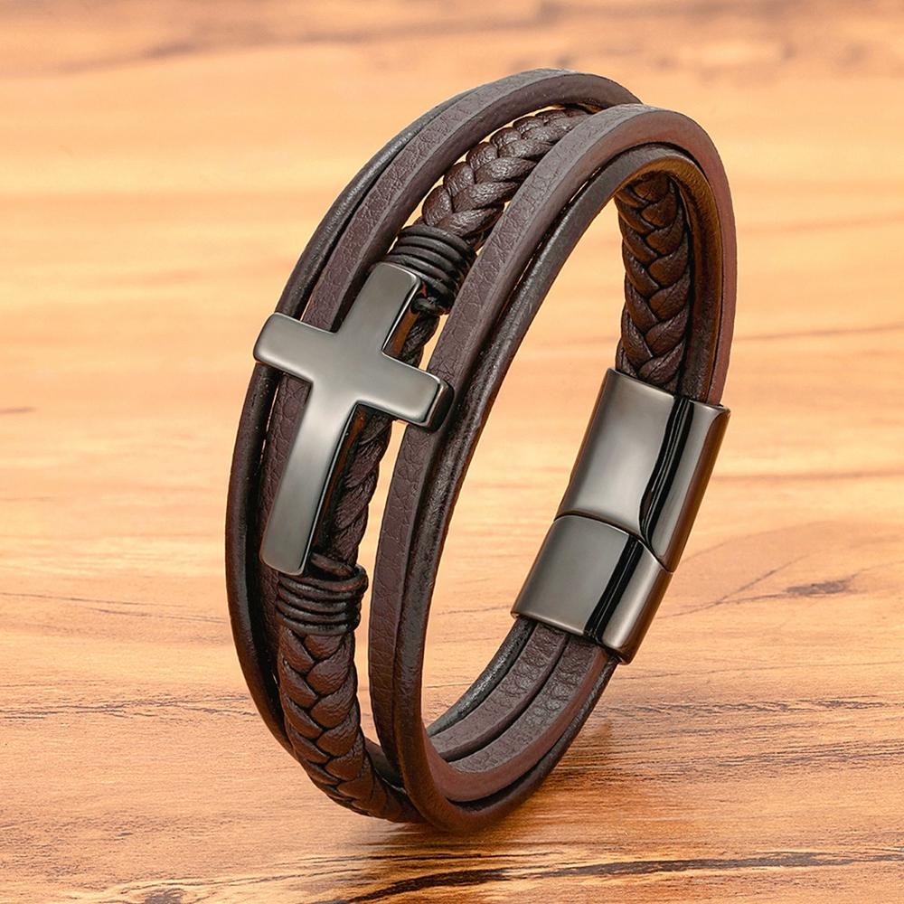 Punk Cross Design Leather Bracelet Classic Stainless Steel Men's Bangles Jewelry Luxury Multicolor Handsome Christmas Gifts