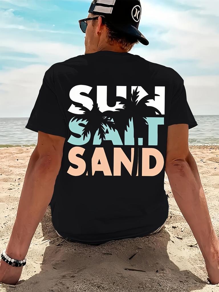 Stylish 100 Cotton Unisexs T Shirt Featuring Bold Sun Salt Sand Quote and Palm Graphic Ultra Soft Ideal for Summer Daily Wear