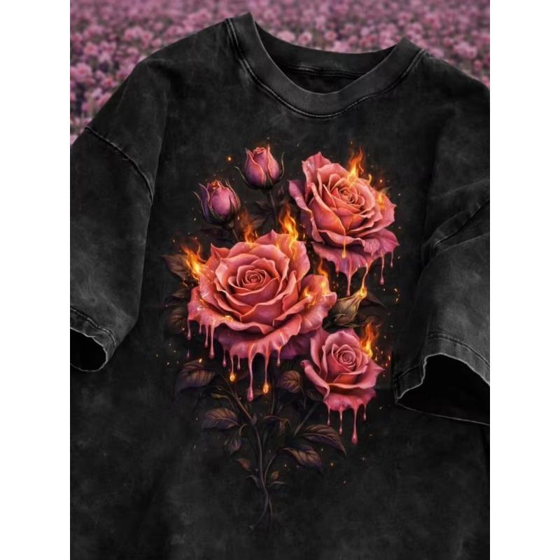 Skull Love Rose Gothic Graphic Print T Shirt Washed Casual Loose Streetwear Daily Wear Short Sleeve Dark Style Top