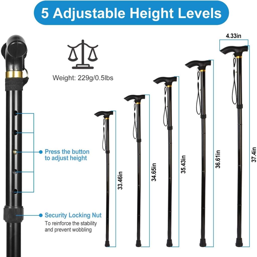 Folding Walking Cane, Adjustable Collapsible Cane,Foldable Walking Cane for Men,Women,Lightweight,Adjustable,Portable Hand Walking Stick - Ergonomic