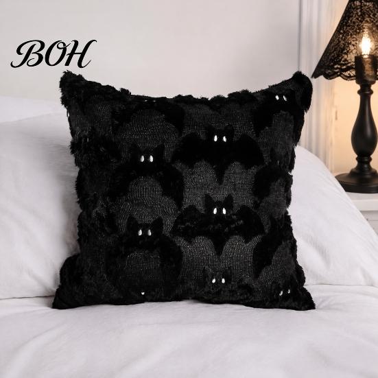 Black White Ghost Cushion Cover Halloween Cover, Plush Embroidered Throw Pillow 18x18 Home Decor Inch Cute Case for Sofa Bed Cozy Living Room Accents