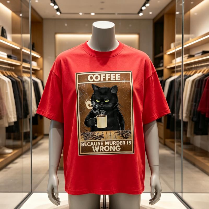 Because Murder Is Wrong Black Cat Drink Coffee Clothing Unisex Wounisex Street Oversized T Shirts Breathable Cotton Streetwear Tshirt