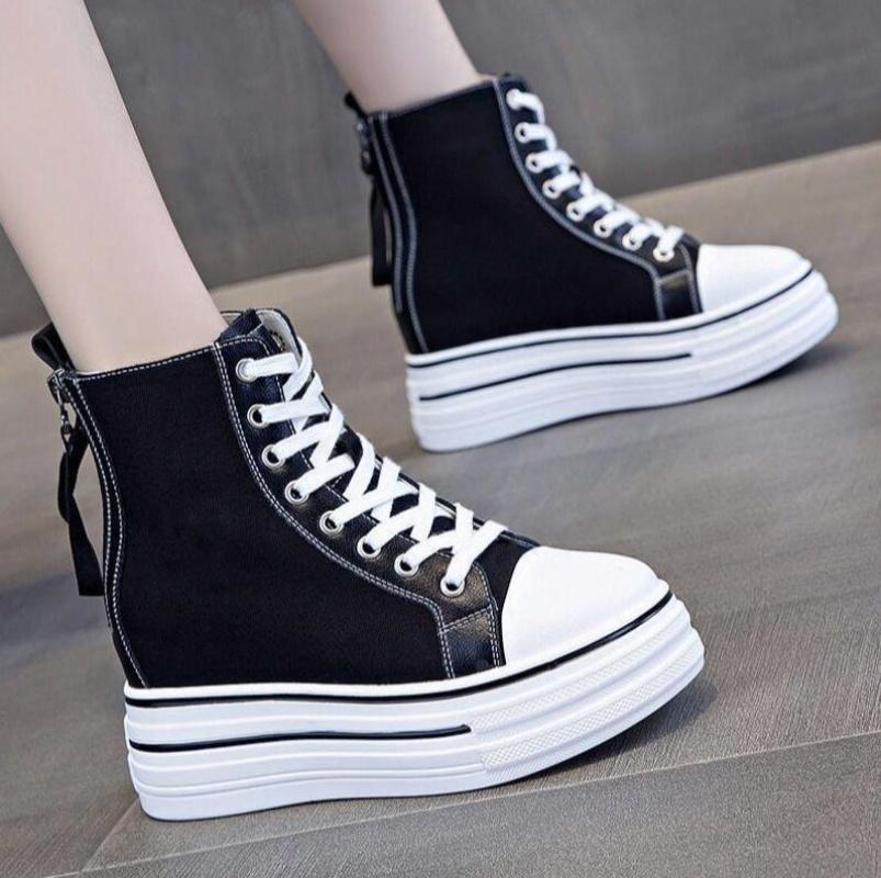 Women'S Thick Soled Sneakers New Slope Heel 8Cm Height Increase Women'S Zipper Breathable Casual High Top Canvas Shoes