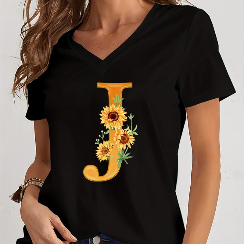 

Womens Vneck Graphic Shirts Orange AZ Alphabet Sunflowers Short Sleeves Harajuku Fashion Girl Casual Y2k Trend Tshirts Top S