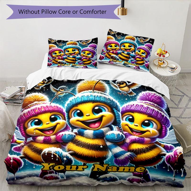 3pcs Custom Name Winter Bees Adventure Bedding Set Printed Bedding Set Duvet Cover Closure Includes 1 Duvet Cover & 2 Pillowcases Bedroom Decor