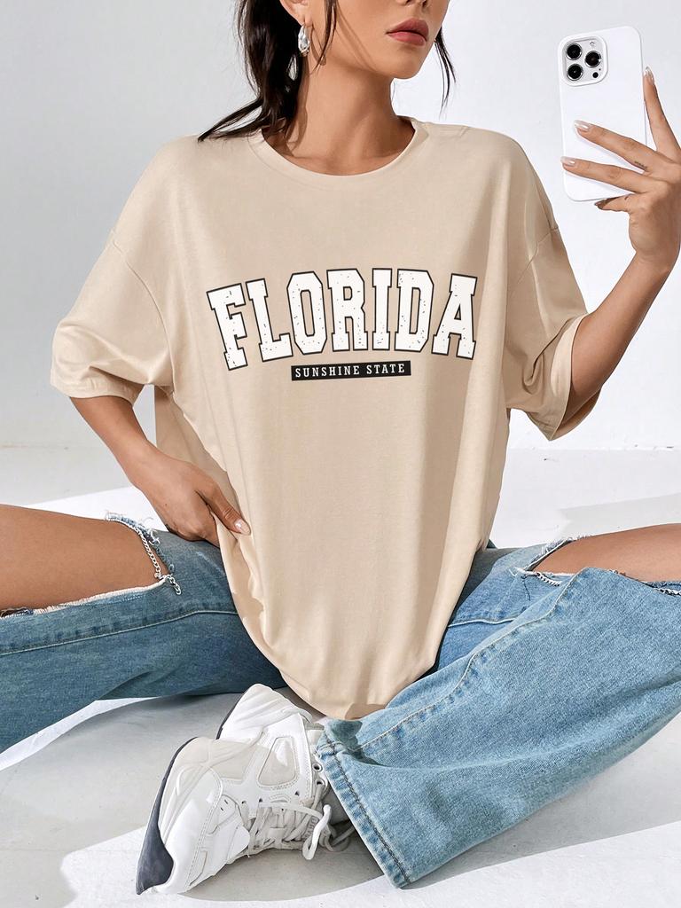 Florida Sunshine State USA City Classic Letter Pattern T-Shirts For Women Loose Oversized Clothing 100% Cotton Streetwear Tshirt