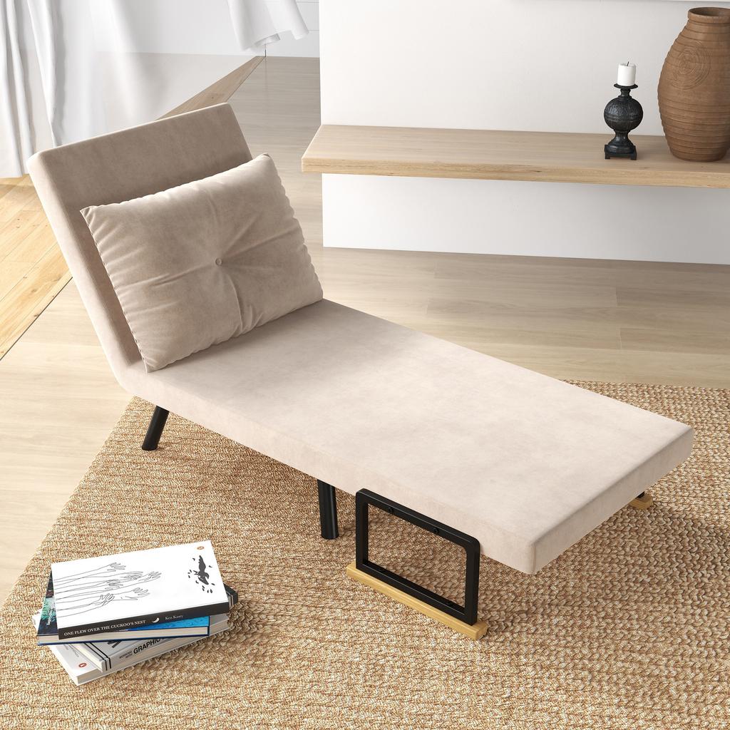 4-in-1 Velvet-Feel Single Chair Bed, with Pillow - Beige