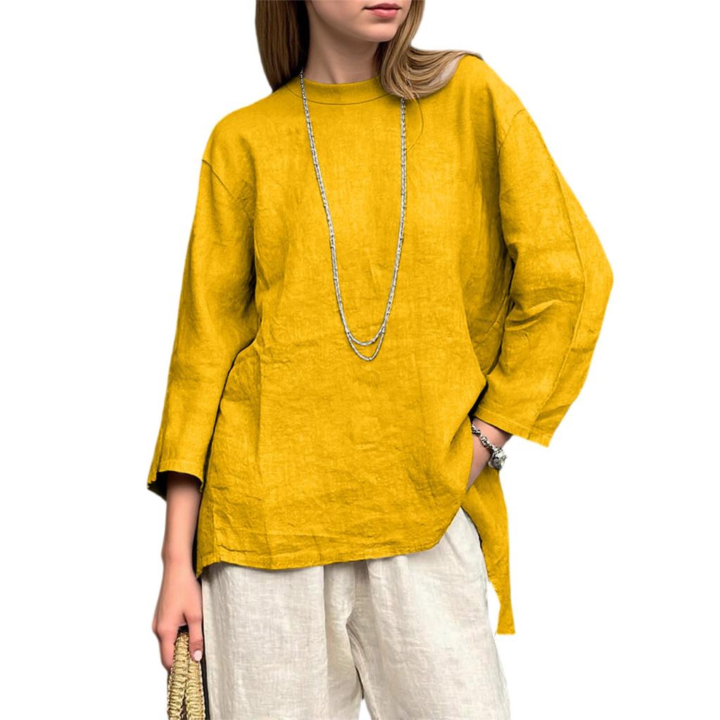 Women's Loose Cotton And Linen Retro Printed Round Neck Long Sleeved Fashionable Top