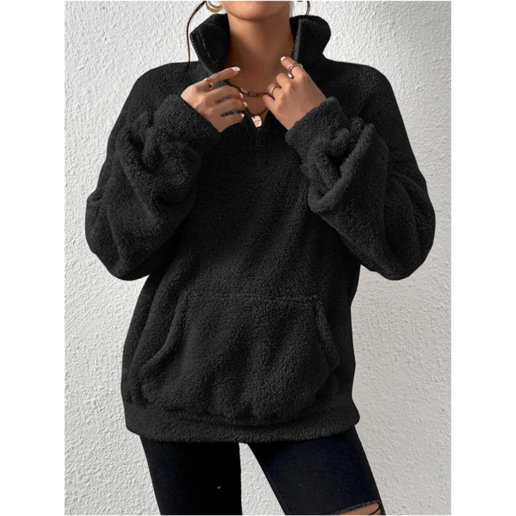 Women's High Neck Long Sleeve Loose Fit Fleece Half Zip Pullover Sweatshirt Autumn Commuter Wear