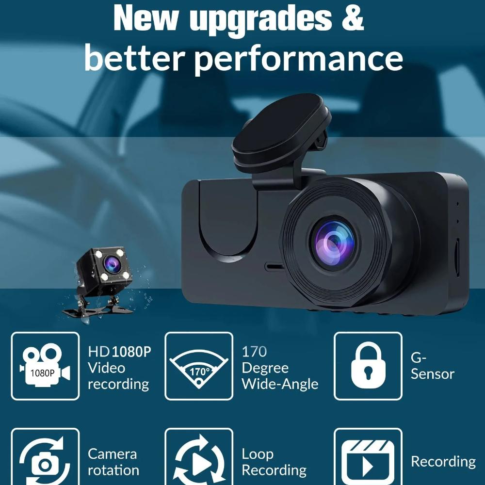 1080P HD Night Vision Car Driving Recorder 3-Channel Camera Video Recorder DVR Black Box Dual Lens with Rearview Camera HD Reversing Image