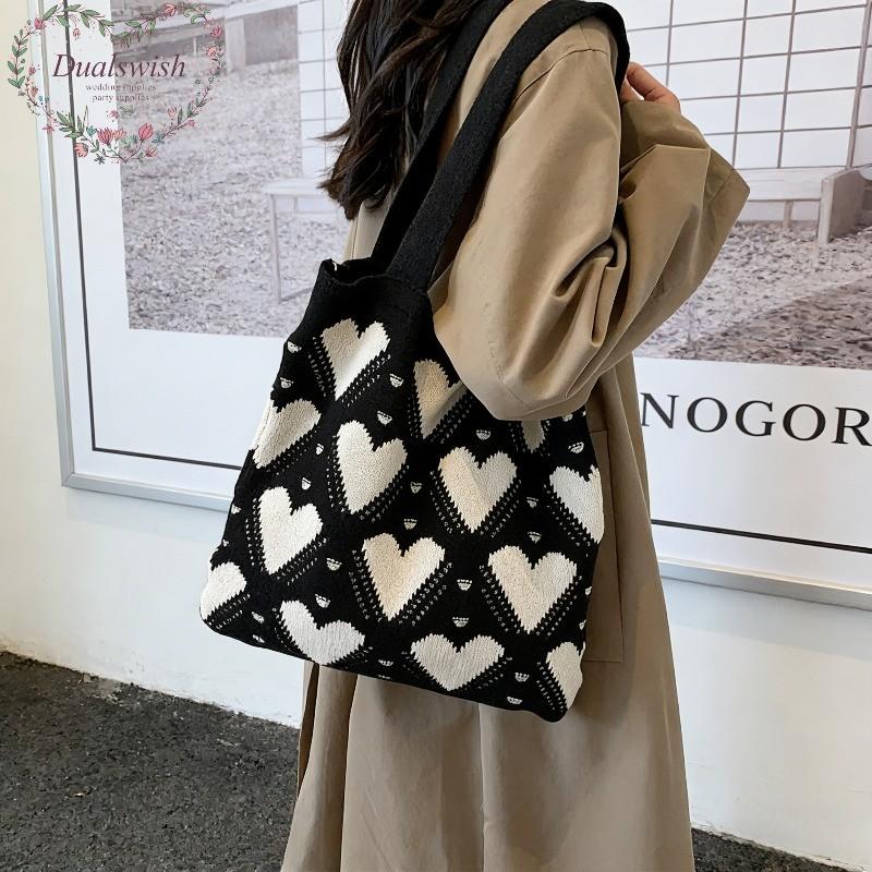 2026 New Ins Style Knitted Tote Bag with Heart Pattern Large Capacity Shoulder Bag for Women Daily Use and Shopping