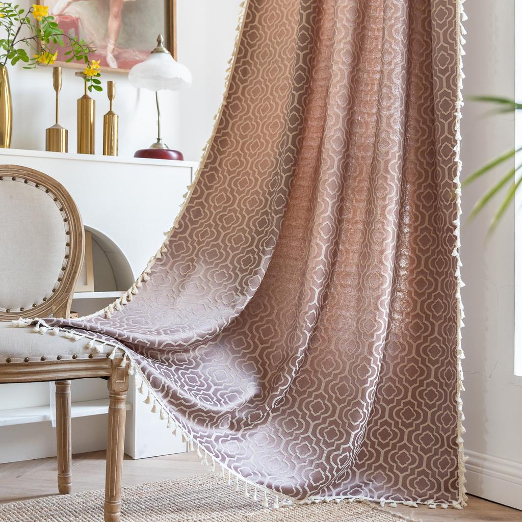Curtain Finished American Country Style Jacquard Embroidery Solid Color Contrasting Color Semi-Blackout Bay Window Kitchen Curtain