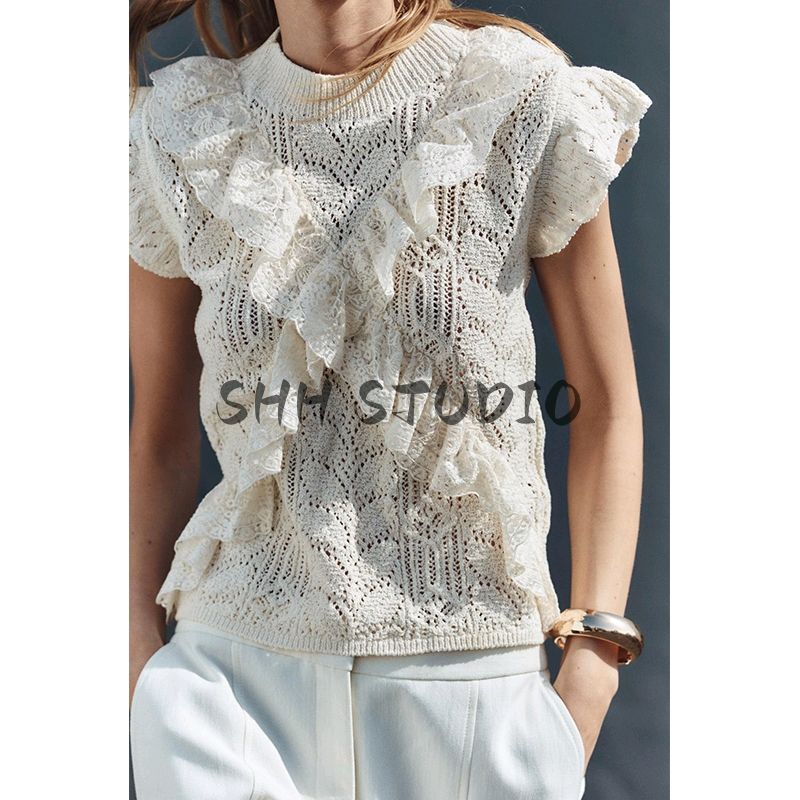 Spring and Summer New Women's Clothing Round Neck Short Sleeve Laminated Decoration Jacquard Mesh Fabric Knitting Tops 6236110