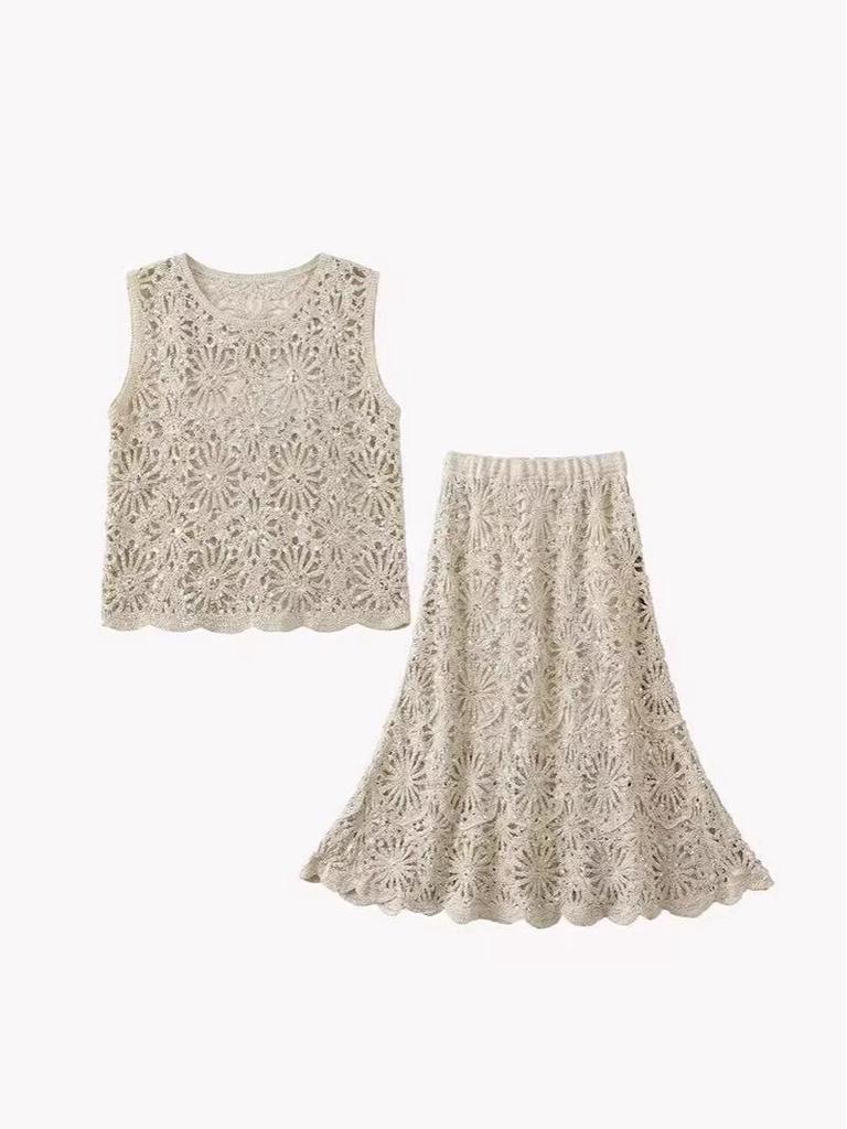 Luxury Sequin Hollow Knit Midi Skirt - Women's High-Waisted A-Line for Spring 2026