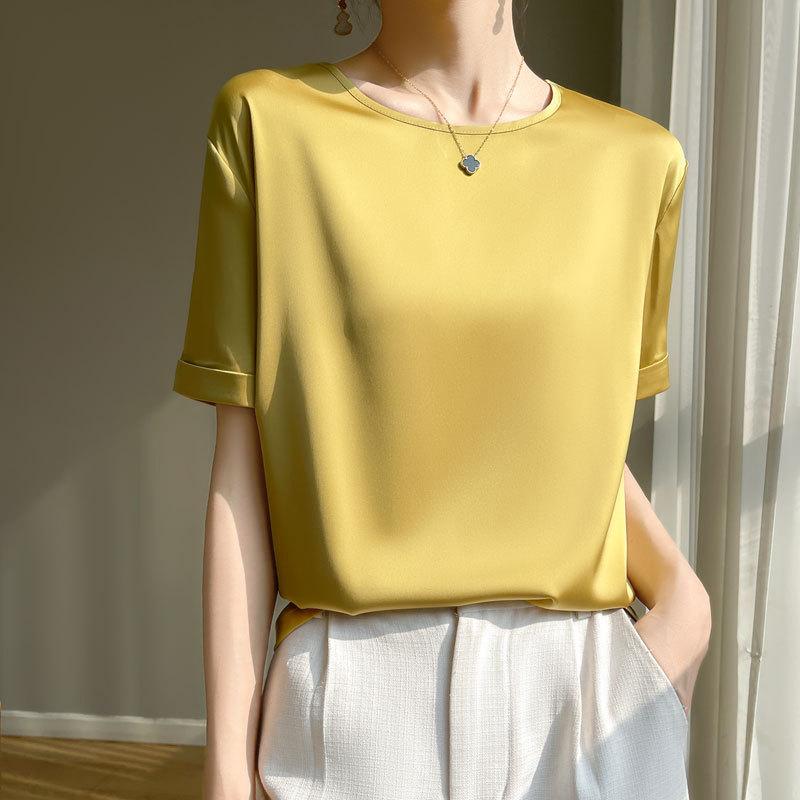 Women's Satin Short Sleeve T-Shirt Crew Neck Loose Plus Size Solid Color Basic Casual Summer Top