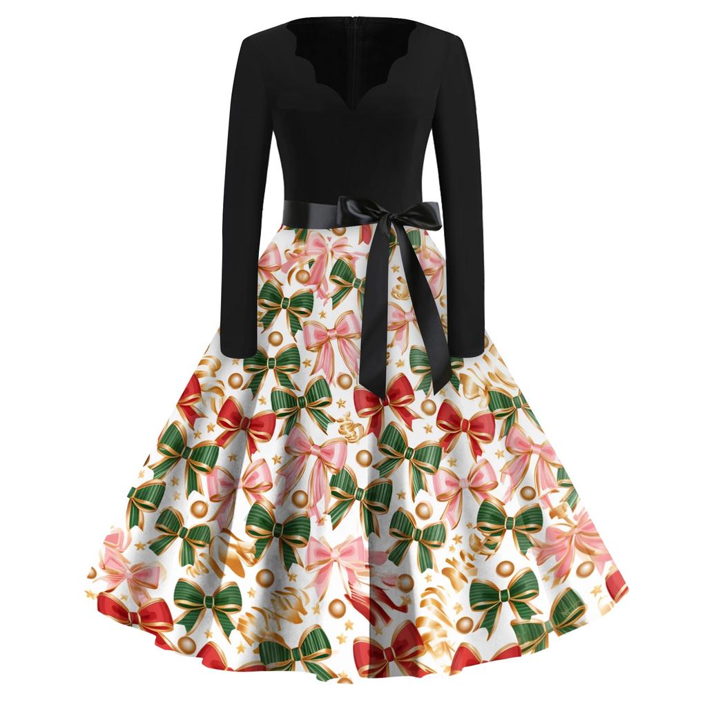 Damen Casual Weihnachten Print V-Ausschnitt Vintage Kleid für Feiertagspartys und den Alltag