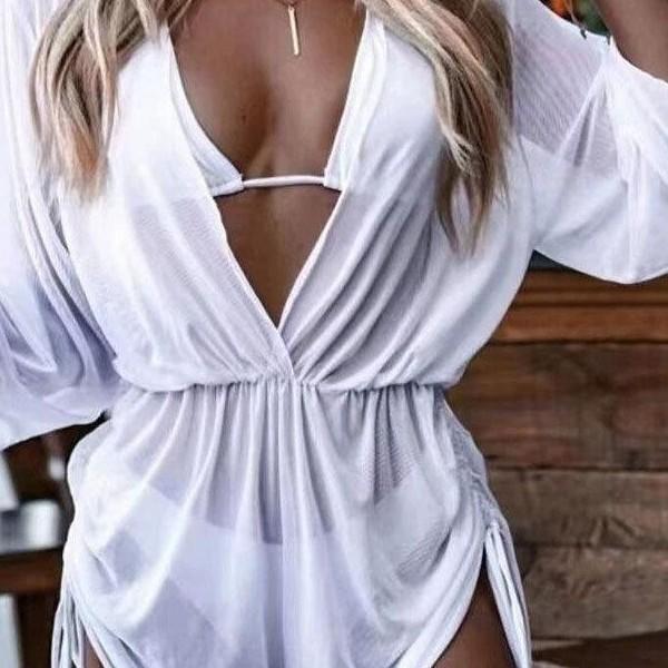 New long-sleeved three-piece mesh waist drawstring printed split bikini swimsuit