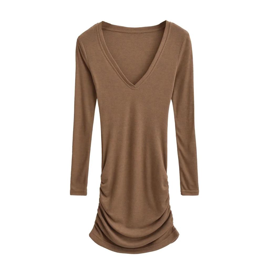 Petite V-neck Long-Sleeve Mini Dress - Autumn Collection, Pleated, Waist-Cinched, Slimming, Hip-Hugging Design