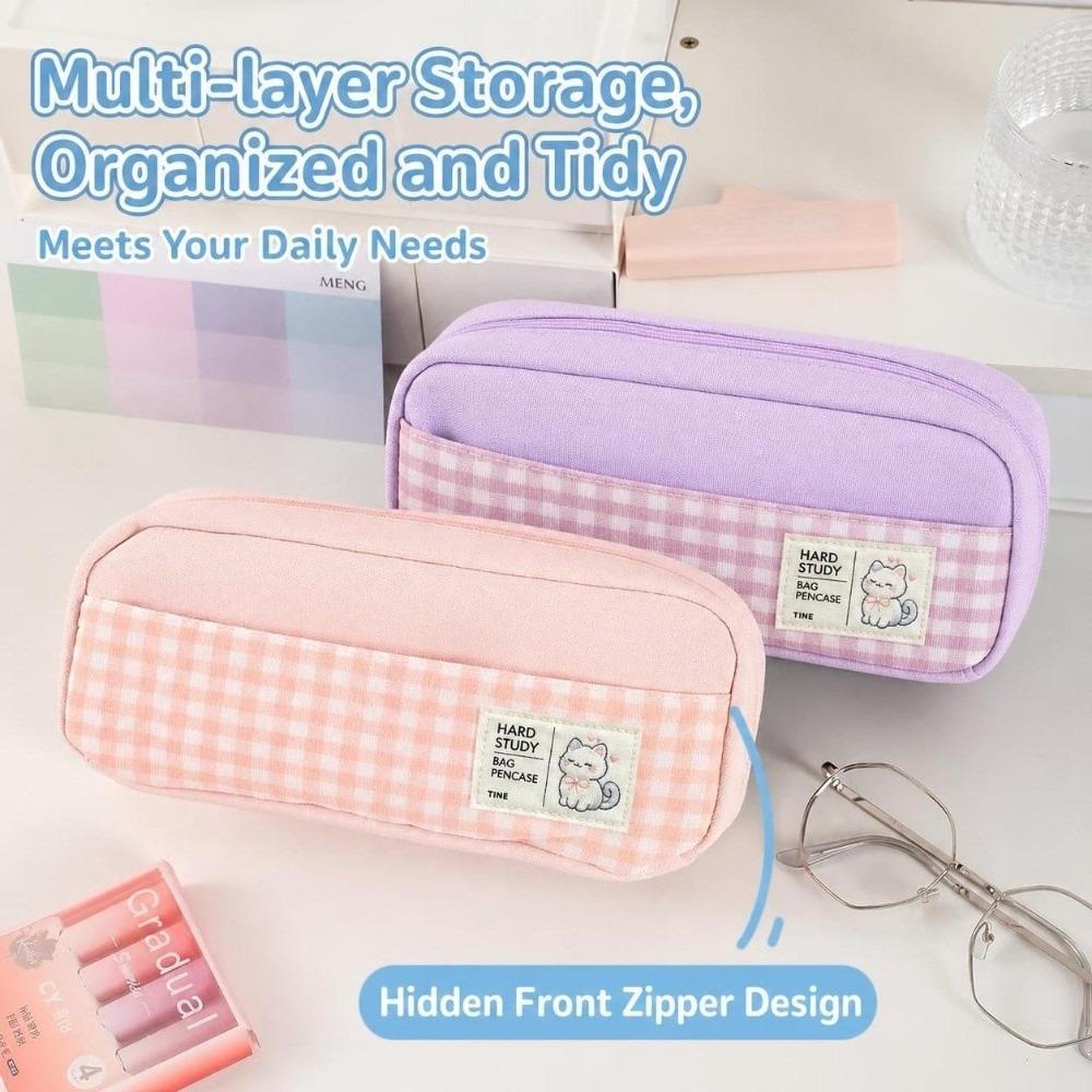 Pastel Color Pen Bag Gingham Check Pencil Pouch Portable Stationery Storage Bag  Back To School