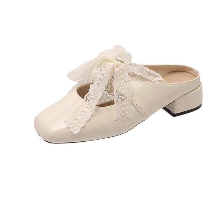 Baotou Half Slippers Women's 2025 New Summer Thick Heel French Sandals Women's Square Head with Lace Muller Single Shoes