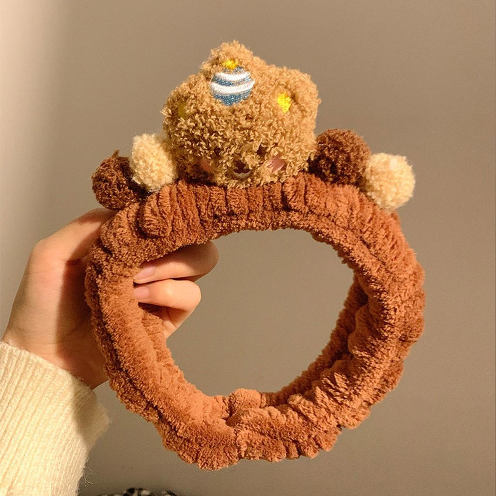 3D Brown Bear Hairhoop Cartoon Plush Hairband Music Festival Headwear Female Makeup Headband for Daily Use Skincares