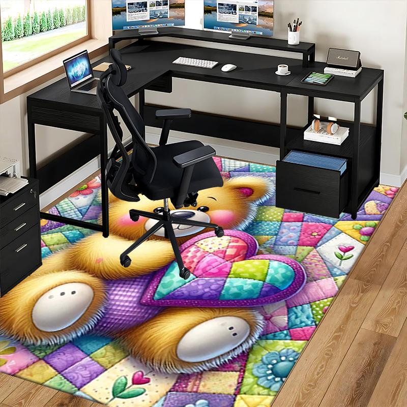 1pc Teddy Bear Heart Quilted Chair Mat - Anime Cartoon Design Office Rug for Home Decor, Seasonal Gift, Anti-Slip Carpet Suitable for Office, Living R