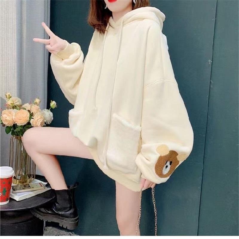 Plus Size Bear Design Fleece Hoodie Women s Winter Pullover L