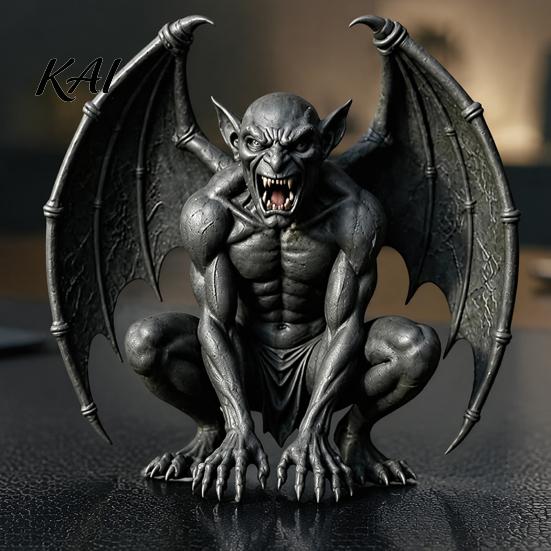 Dark Fantasy Home Decor Gargoyle Figurine, Medieval Winged Statue, Resin Gothic Weather Resistant Garden Art Horn Demon Ornament for Office Bookshelf