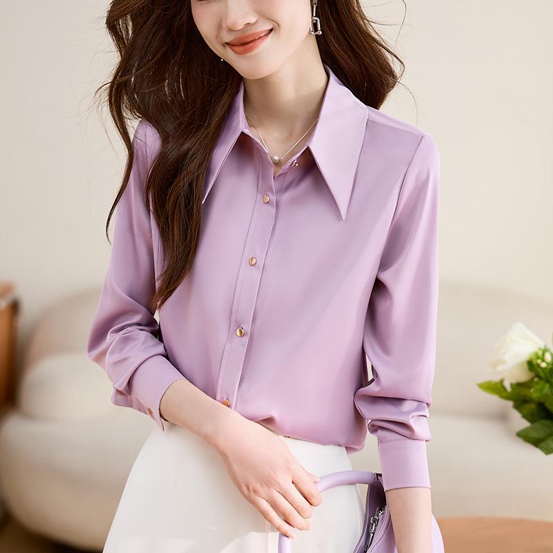 Women's Fashionable Purple Satin Long-Sleeve Shirt for Early Spring - Chic & Stylish OL Commute Wear.