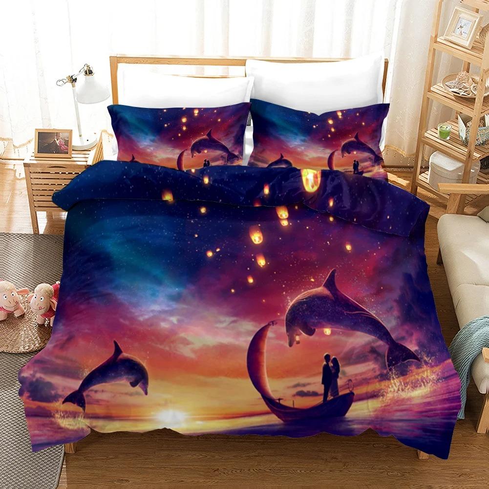 Delfin Dynetrekksett 3D Delfiner Hopper Sengetøy Polyester Havdyr Tema For Tenåringer Dobbel Queen King Size Dyne Trekk