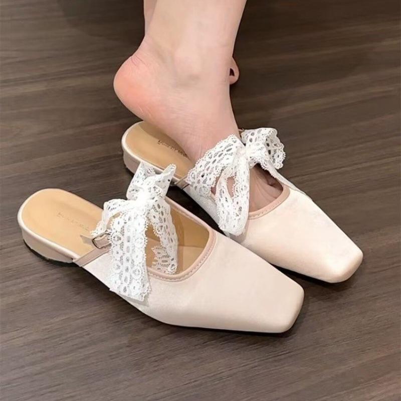 Fashion Women's Fashion Baotou Slippers Spring New Square Head Shallow Mouth Lace Butterfly Knot Anti-slip Wear-resistant Sandals