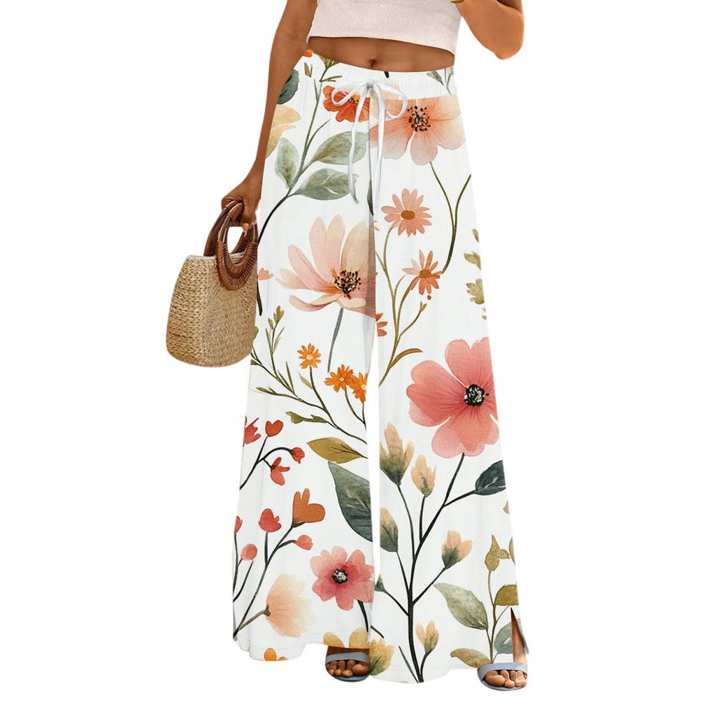 Women's Printed Wide Leg Pants With Pockets High Waist Drawstring Loose Casual Pants