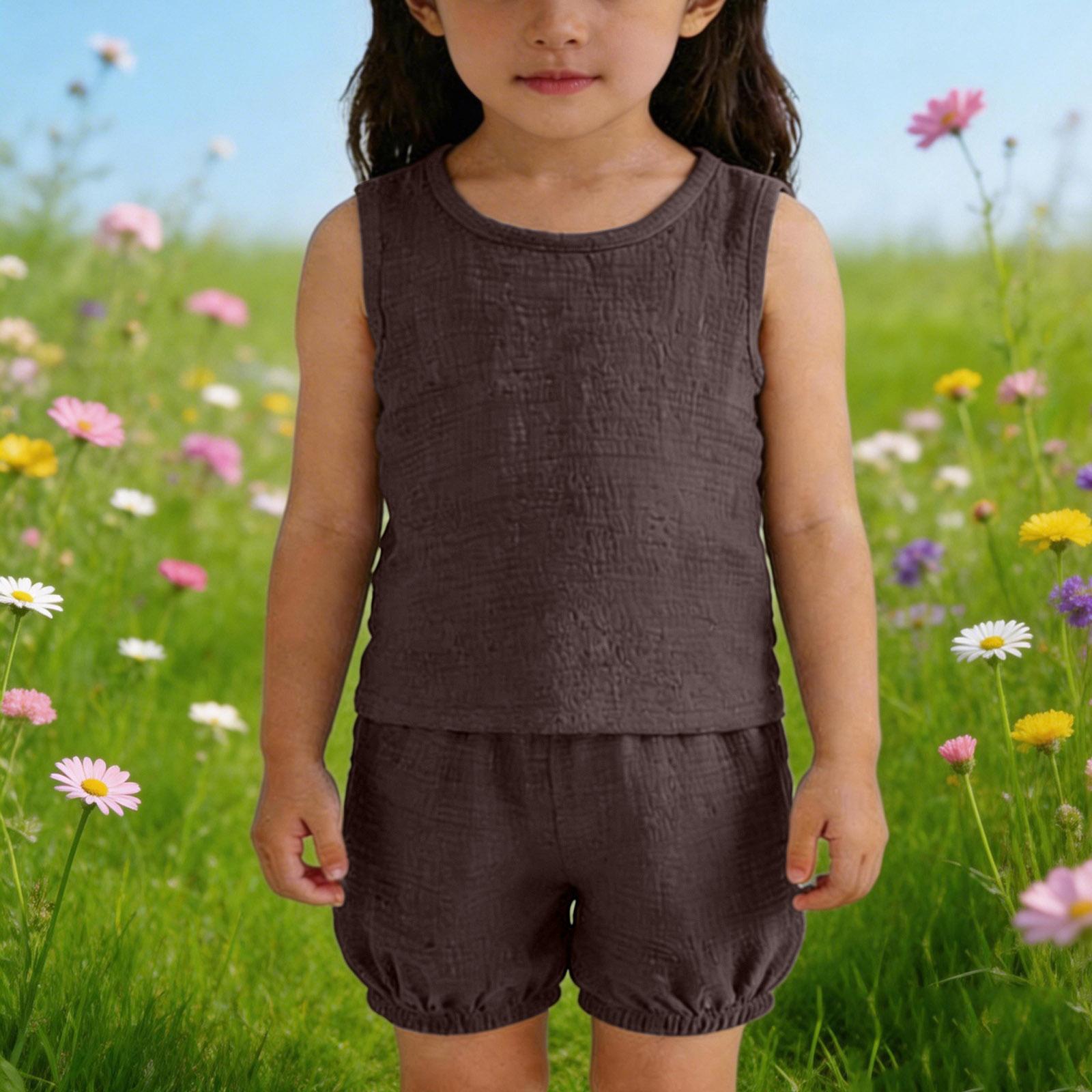 Children s Sweet Set Cute Vest Shorts Girls Sleeveless Casual Two-Piece Set 100 коричневый