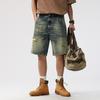 New Summer Retro Old Ripped Denim Shorts Men's Loose Straight Cutout Pants