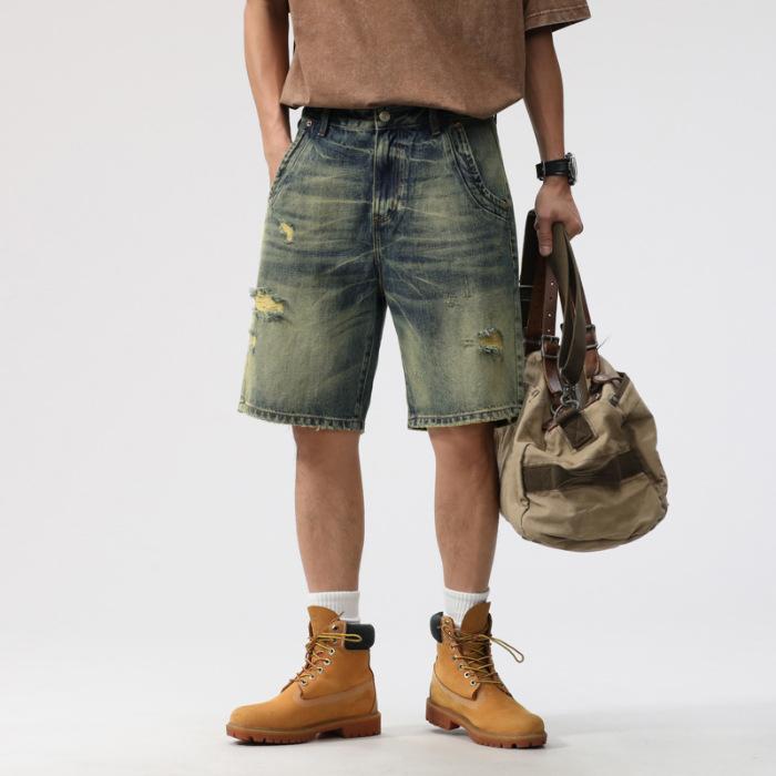New Summer Retro Old Ripped Denim Shorts Men's Loose Straight Cutout Pants