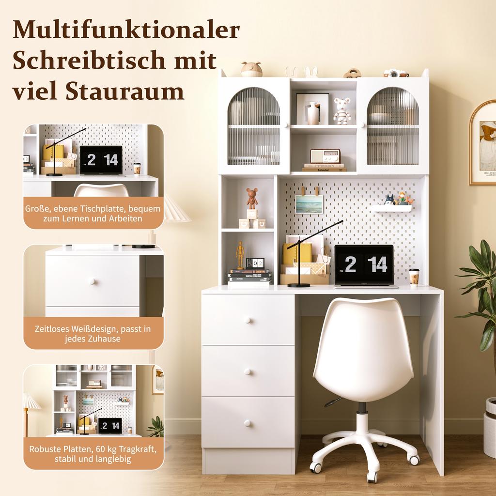 Scrivania Multifunzionale Moderna con Armadietto Integrato, 180 cm con Sistema Bacheca, 3 Cassetti e Vetrina con Ante in Vetro, per Studio Ufficio a Casa