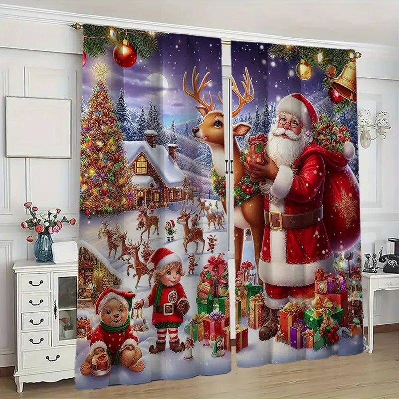 Set Of 2 Christmas Tree Reindeer Santa Claus Gift Print Curtains Pole Bag Home Decoration Room Curtain Polyester