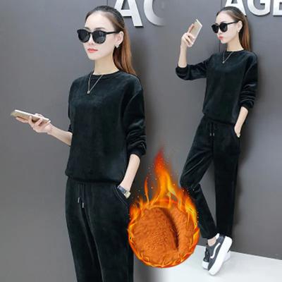 Women's Winter Thickened Leisure Suit Round Neck Long Sleeve + Warm Pants Two-piece Set