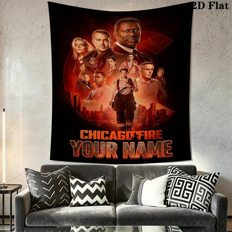 Custom Name Chicago Fire Wall Tapestry Aesthetic Wall Hanging Printed Fabric Blanket Decorative Tapestries for Bedroom Living Room Home Decor