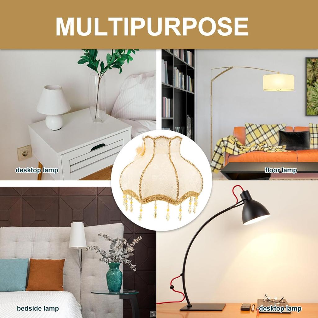 Luxshiny Vintage Lamp Shade, Victorian Lampshade with Beads Fringe Scallop Dome Lamp Cover European Cloth Lamp Covers Replacement Clip-on Lamp Shade